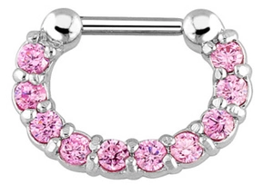 Detail of a silver septum clicker featuring 11 pink round zircons in a pavé setting