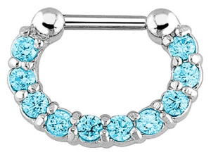 Macro detail of silver nose ring clicker featuring 11 light blue zircon stones