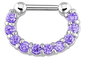 Silver stainless steel septum ring featuring eleven sparkling round purple zircons