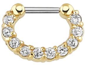 Detail of a golden septum clicker with eleven white zircons and silver surgical steel bar
