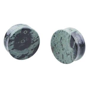 Pair of double flare green stone ear plugs with natural marble texture and polished finish