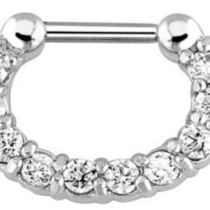 Silver nose ring hoop with sparkling cubic zirconia stones and a straight bar clicker