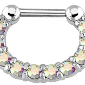 Polished stainless steel septum clicker ring with eleven rainbow AB colored zircons