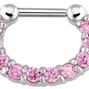 D-shaped silver nose ring featuring sparkling pink zircon stones on a white background