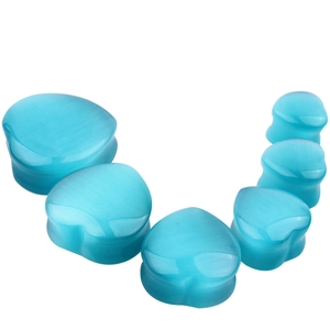 Blue cat eye stone heart-shaped ear gauges set in various sizes from 6mm to 25mm