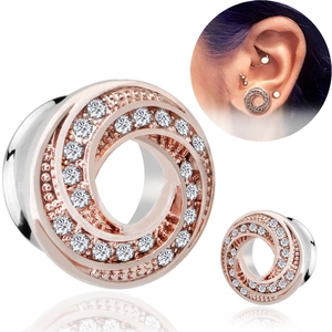 Roségoldene Tunnel-Ohrplugs mit Spirale und Zirkon-Steinen für gedehnte Ohrlöcher