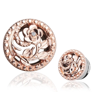 Tunnels d'oreille en acier rose gold avec fleur évidée et petits cristaux