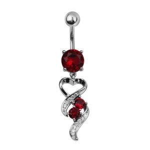 Silver surgical steel belly ring with red zircon and dangling heart charm