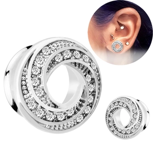 Silberner Edelstahl-Ohr-Tunnel mit Spiral-Design und klaren Zirkon-Steinen für Ohrpiercings