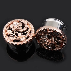 Plugs d'oreilles évidés motif fleur rose doré avec cristal et acier inoxydable poli