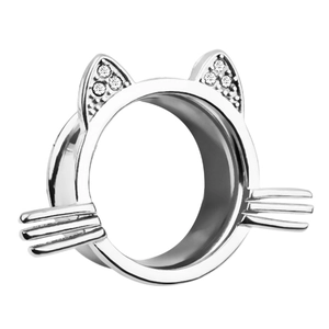 Zilveren roestvrijstalen ear tunnel met schattige kattenoren en fonkelende strassteentjes