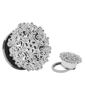 Polished stainless steel mandala flower ear plug with hollow laser-cut scrollwork design