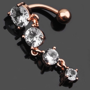 Rose gold navel ring with four dangling round cubic zirconia in classic prong settings