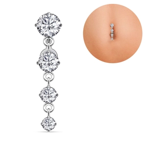 Macro detail of vertical navel ring with four brilliant dangling zircon crystals