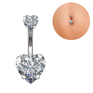 Piercing de ombligo de plata con cristales de circonita con forma de doble corazón