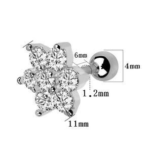 Detailed view of silver flower cartilage stud earring with precise dimensions in mm