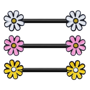 Three pairs of daisy flower nipple rings in white, pink and yellow with black bars