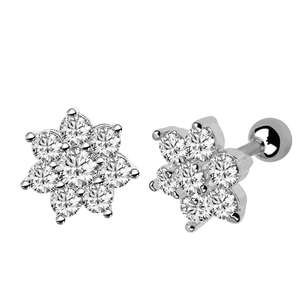 Detailed view of silver flower stud earrings with clear zircon stones and barbell screw backs