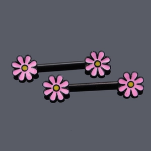 Pair of black stainless steel nipple barbells with pink daisy flower ends and enamel detail