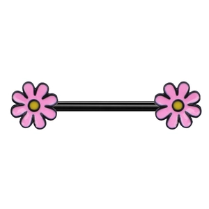 Nipple bar piercing with pink daisy flowers and black stainless steel barbell