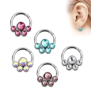 Anelli piercing a zampa di gatto con cristalli cecoslovacchi in cinque colori su sfondo bianco