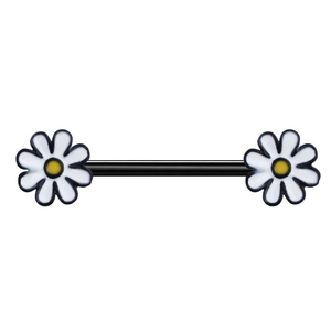Black stainless steel barbell nipple ring with white daisy floral ends for body piercing