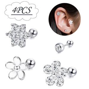 4-piece silver cartilage earring set with cubic zirconia floral and star studs