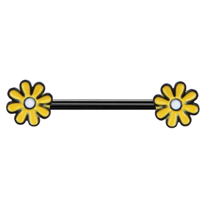 Flower shaped nipple ring made of black stainless steel with yellow daisy floral design