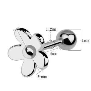 Detail view of 9mm flower stud earring with 1.2mm steel post and 4mm screw ball back