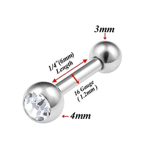 Polished silver 16G barbell earring with sparkling clear cubic zirconia stone