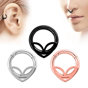 Alien face nose rings and hoop earrings in black, silver, and rose gold finishes