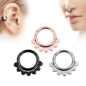 Three-color surgical steel septum clickers with fan-shaped design and model showcase