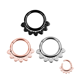 Hinged clicker piercing rings with ornate scalloped edges in black, silver, and rose gold