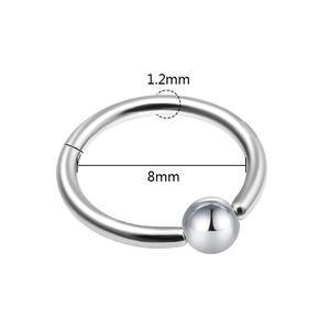 Detail of 1.2mm silver stainless steel nose ring with 8mm inner diameter and ball closure