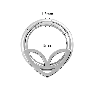 Silver steel nose clicker ring with alien design, 1.2mm gauge and 8mm inner diameter