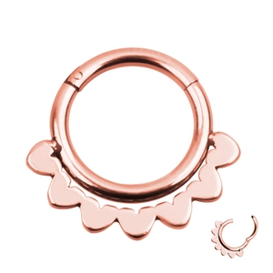 Detail view of rose gold clicker ring showing open and closed positions for septum piercing