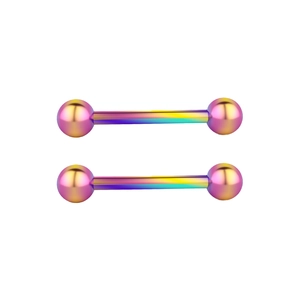 Rainbow gradient stainless steel barbell body jewelry with two metallic balls