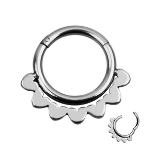 Silver steel segment ring clicker with decorative heart scalloped edges for nose or ear