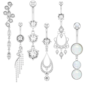 6-piece silver navel ring set with sparkling zircons and white opal in diverse styles