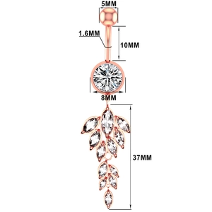 Detailed size parameters of rose gold navel ring with marquise zircon leaf pendant