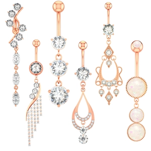 Rose gold belly button ring set with sparkling cubic zirconia and white opal accents