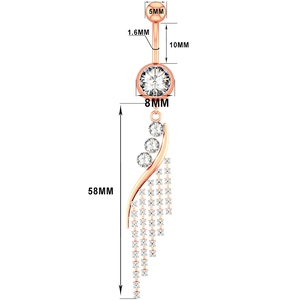 Detailed view of rose gold belly button ring with large zircon and long tassel fringe