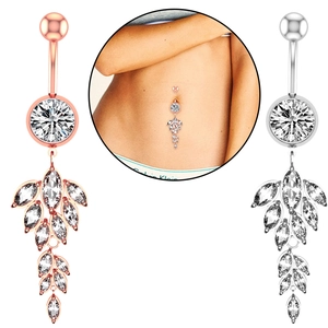 Detail of leaf tassel belly ring with marquise cubic zirconia in silver and rose gold finishes
