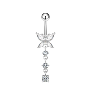 Piercing de ombligo de mariposa brillante con circonitas blancas en acero plateado pulido