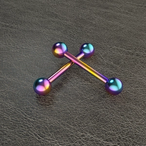 Macro detail of rainbow iridescent stainless steel barbells on dark leather background