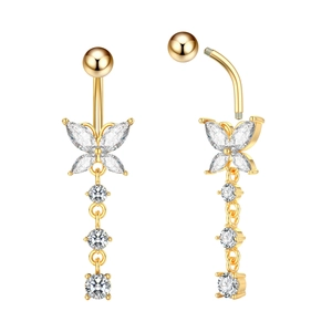 Piercing de ombligo con mariposa dorada, circonitas marquise y colgantes brillantes