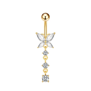 Piercing de ombligo mariposa dorada con circonitas marquise y colgantes de cristal