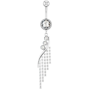 Silver stainless steel belly ring featuring sparkling zircon tassels and polished ball
