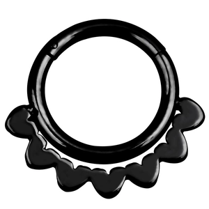 Detail view of a black gothic septum nose ring with decorative wavy petal edge design