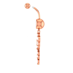 Macro view of rose gold leaf belly ring with marquise zircon and dangling crystal pendant